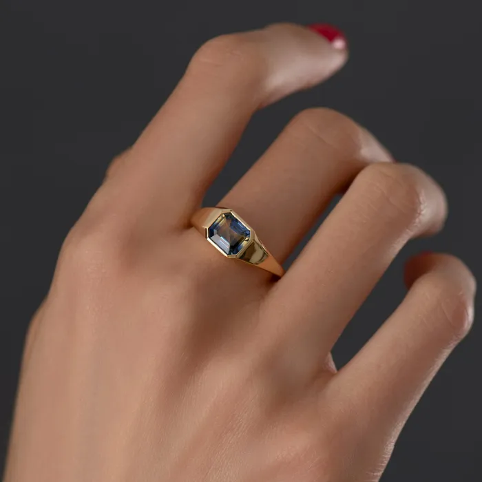 Rings ARTEMER Chunky Asymmetric Statement Ring with OOAK Emerald Cut Parti Sapphire