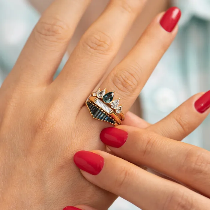 Rings ARTEMER Unique Engagement ring with a Pear Cut Teal Sapphire and Diamonds