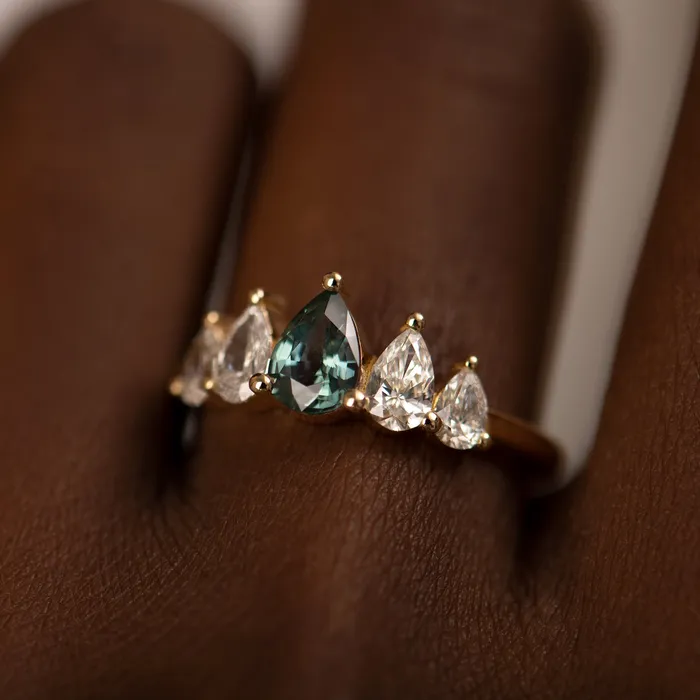 Rings ARTEMER Unique Engagement ring with a Pear Cut Teal Sapphire and Diamonds