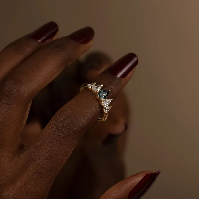 Rings ARTEMER Unique Engagement ring with a Pear Cut Teal Sapphire and Diamonds