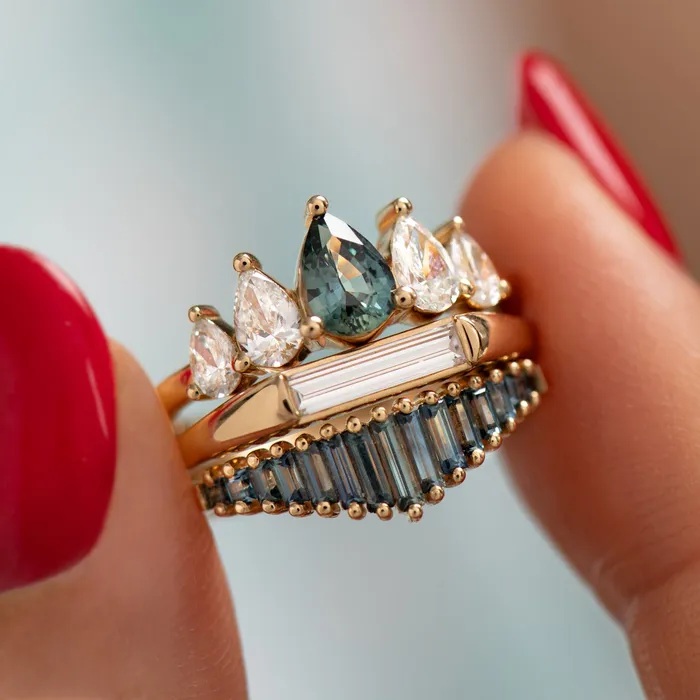 Rings ARTEMER Unique Engagement ring with a Pear Cut Teal Sapphire and Diamonds