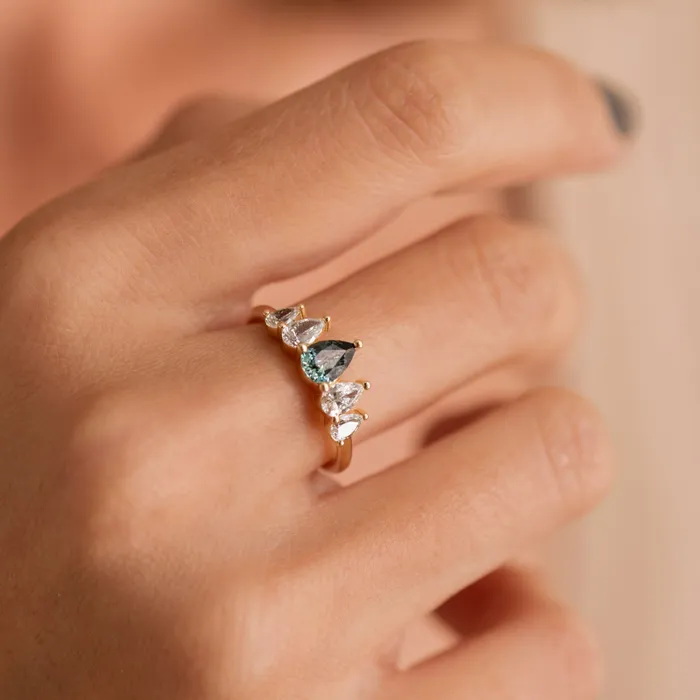 Rings ARTEMER Unique Engagement ring with a Pear Cut Teal Sapphire and Diamonds