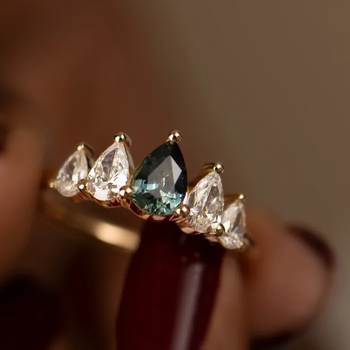 Rings ARTEMER Unique Engagement ring with a Pear Cut Teal Sapphire and Diamonds