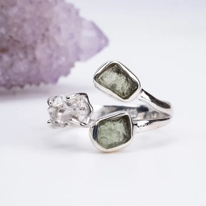 Rings InnerVision Crystals Moldavite Herkimer Diamond Ring Size 8 925 Silver