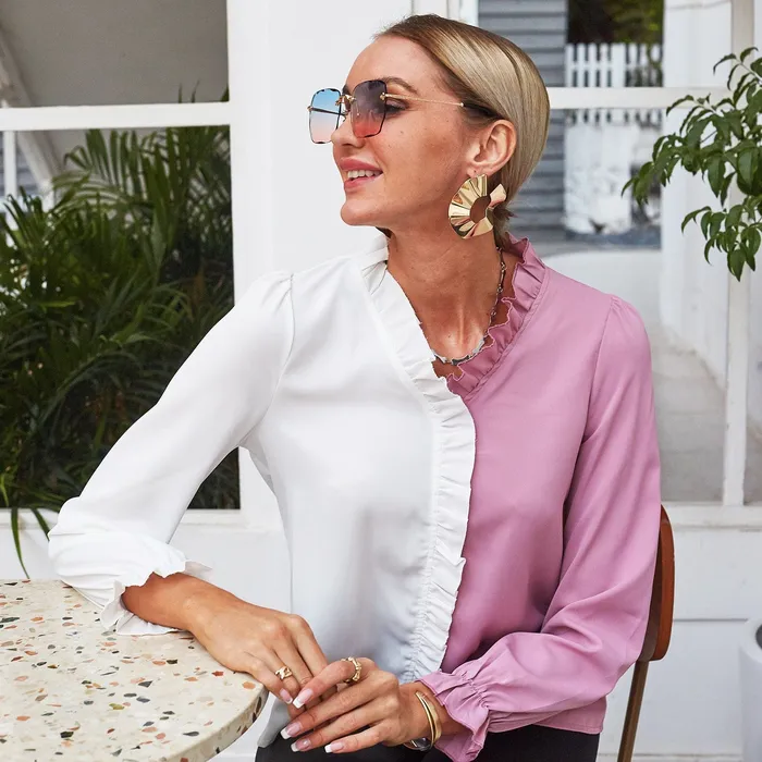 Two Tone Ruffle Blouse AnnaKaci Rings